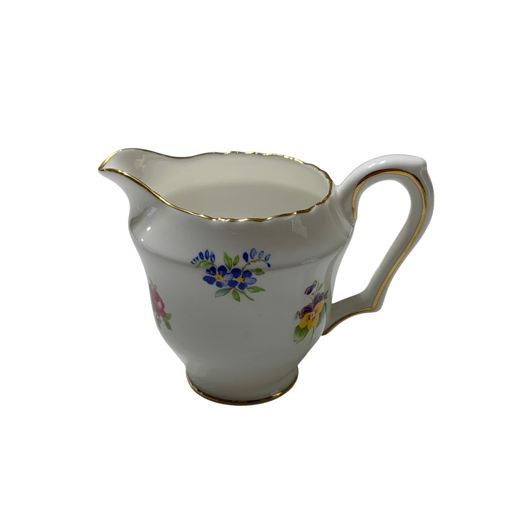 Staffordshire England Fine Bone China Floral Creamer Violets Gold‎ Trim 4 Inch